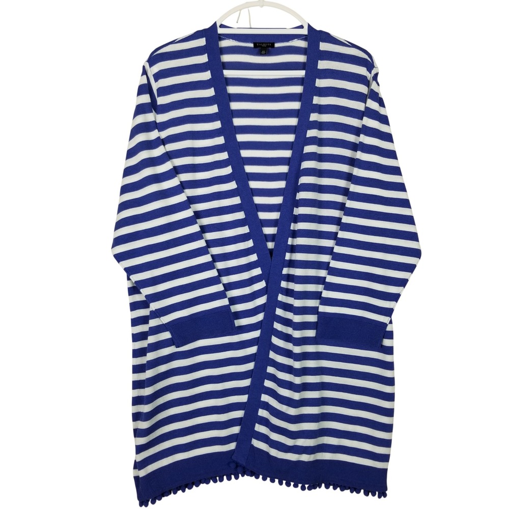 Talbots Cardigan Women 2X Blue White Stripe Pom Pom Trim Open Front Cotton Blend